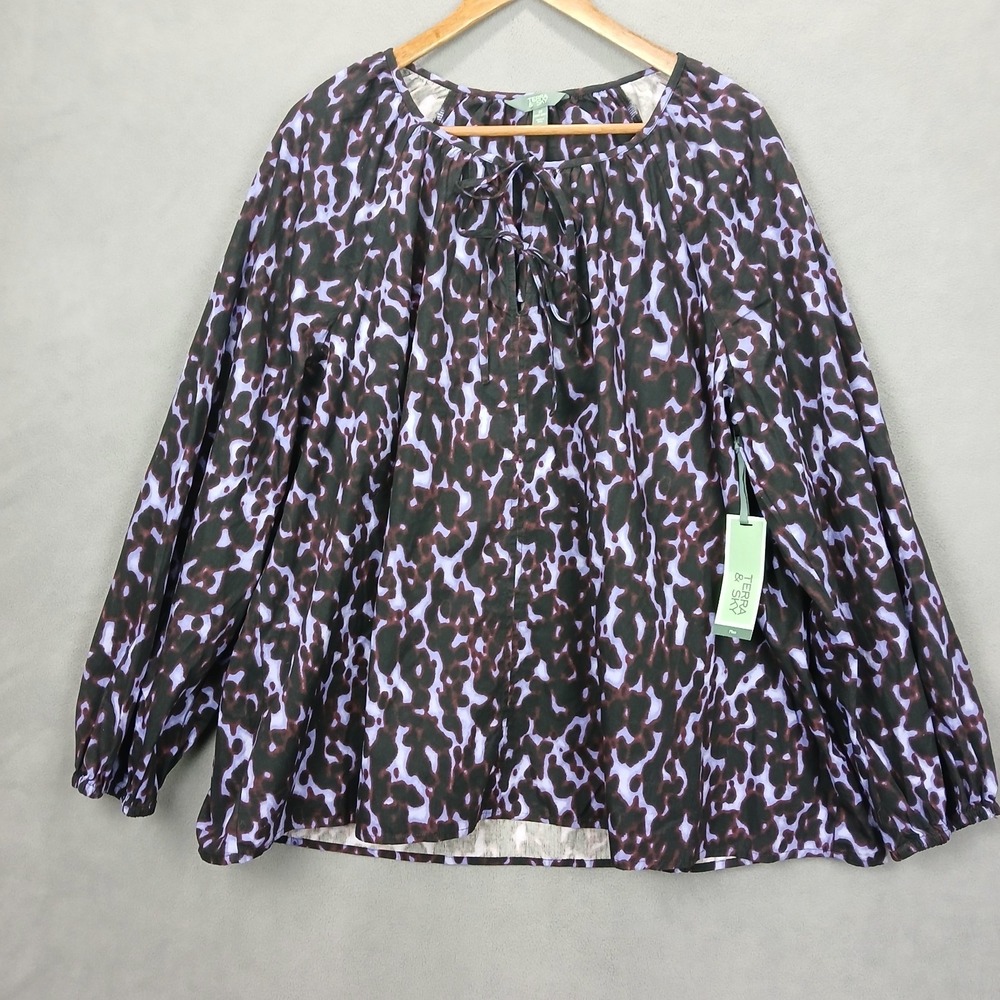 Terra & Sky Tie Front Blouse Womens 2X Purple Black Puff Sleeve Plus Size NWT